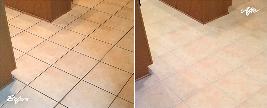 Kitchen Floor Before and After a Grout Cleaning in Mount Dora