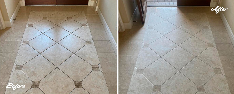 Foyer Floor Before and After a Grout Sealing in The Villages