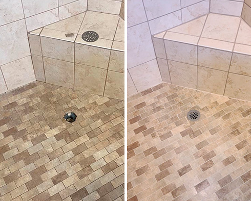 Shower Before and After Our Grout Sealing in Clermont, FL