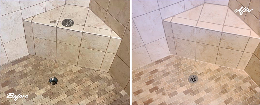 Shower Before and After Our Grout Sealing in Clermont, FL