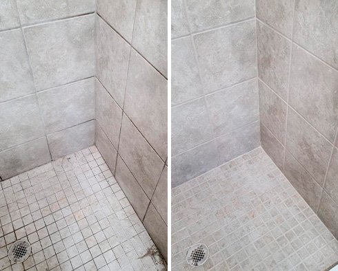 Shower Before and After a Grout Cleaning in The Villages, FL