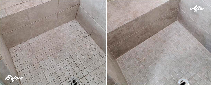 Shower Floor Before and After a Superb Grout Cleaning in The Villages, FL