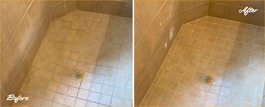 Shower Before and After Our Grout Sealing in Oviedo, FL