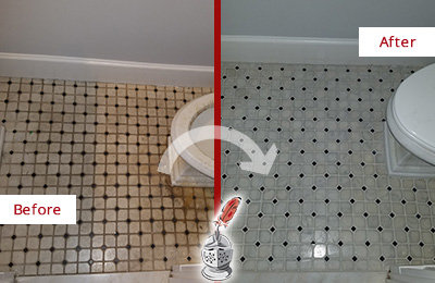 Before and After Picture of a Bathroom Restoration and Grout Cleaning and Recoloring Service