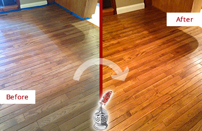 Sir Grout Refinished This Dull Mascotte Wood Floor with a Sand Free Refinishing Service to Recover Its Sheen Before and After Picture of a Mascotte Wood Sand Free Refinishing Service on a Dull Floor to Recover Its Sheen