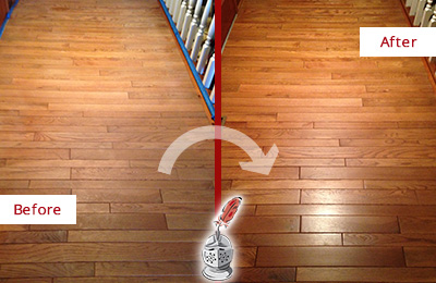 Sir Grout Refinished This Dull Mascotte Hallway Floor with a Sand Free Refinishing Service Before and After Picture of a Mascotte Wood Sand Free Refinishing Service on a Dull Hallway