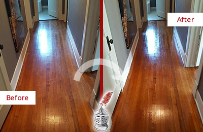Before and After Picture of a Tavares Wood Sand Free Refinishing Service on a Floor to Eliminate Scratches
