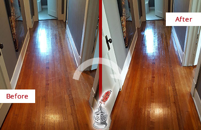 Sir Grout Refinished This Mascotte Wood Floor with a Sand Free Refinishing Service to Eliminate Scratches Before and After Picture of a Mascotte Wood Sand Free Refinishing Service on a Floor to Eliminate Scratches