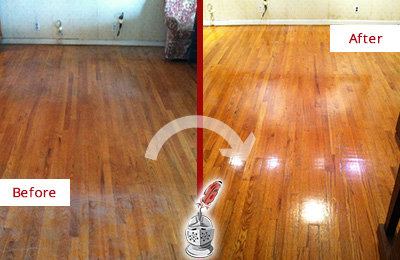 Before and After Picture of a Lake Mack Forest Hills Wood Sand Free Refinishing Service on a Stained Floor
