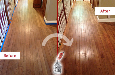 Before and After Picture of a Astor Wood Sand Free Refinishing Service on a Worn Out Floor