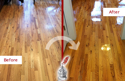 Sir Grout Refinished This Worn Out Mascotte Hallway Floor with a Sand Free Refinishing Service Before and After Picture of a Mascotte Wood Sand Free Refinishing Service on a Worn Out Hallway