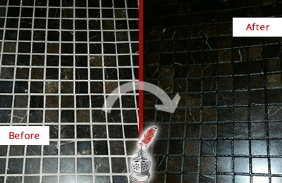 Sir Grout Regrouts this Black Marble Tile Floor to Change Grout Color Before and After Picture of a Black Marble Tile Floor Regrouted to Change Grout Color
