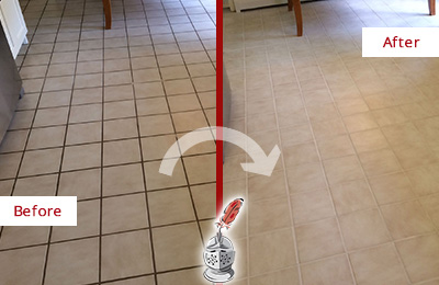 Sir Grout Regrouts this Tile Floor to Eliminate Dirt Build-Up Before and After Picture of a Tile Floor Regrouted to Eliminate Dirt Build-Up