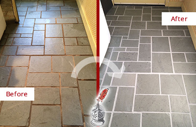 Sir Grout Regrouts this Slate Tile Floor to Replace Missing Grout Before and After Picture of a Slate Tile Floor Regrouted to Replace Missing Grout