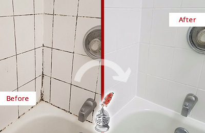 Sir Grout Regrouts this White Tile Bathroom to Eliminate Mold Before and After Picture of a White Tile Bathroom Regrouted to Eliminate Mold