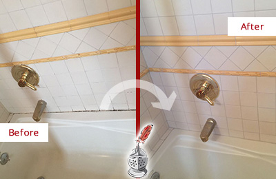 Sir Grout Removed the Mold and Mildew from this Shower with a Tub Recaulking Service Picture of a White and Gold Bath Tub with Mold and Mildew in the Joints Before and After our Tub Recaulking
