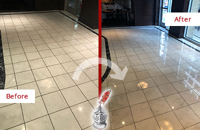 Sir Grout Central Florida Stone Services Help Maintain, Clean, and Polish Building Lobbies and Commercial Offices Stone Surfaces Picture of a Building Marble Entrance Floor Before and After Stone Restoration, Cleaning and Polishing