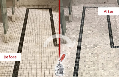 Sir Grout Central Florida Stone Cleaning Services Can Help Repair the Look of this Grimy Hospital's Restroom Before and After Picture of a Hospital Travertine Bathroom Floor Stone Cleaning Service