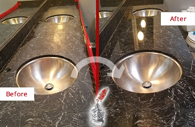 Sir Grout Central Florida Stone Services Are Ideal for Enhancing Restrooms Marble Countertops and Keep Them Perfect All Year Round Picture of an Office Restroom's Marble Countertop Before and After Color Enhancement and Restoration