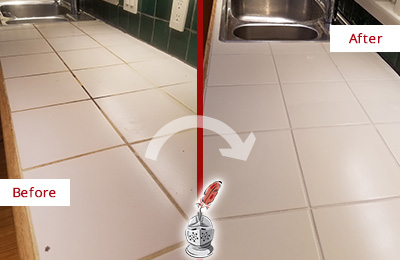Before and After of Grout Sealing on a Kitchen Countertop
