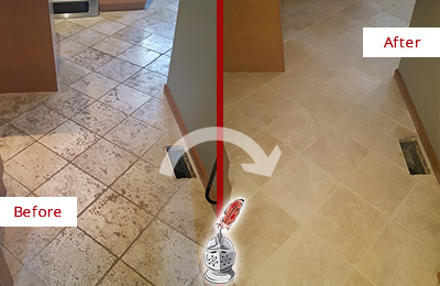 Before and After Picture of a Dirty Tumbled Marble Floor Honed and Polished to a Mate Finish