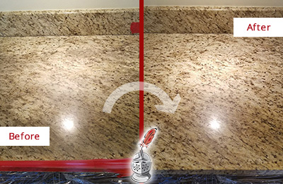 Before and After Picture of a Granite Kitchen Countertop Honed and Polished to Remove Scratches