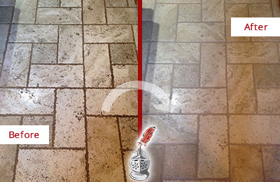 Before and After Picture of Tumbled Travertine Floor Honed and Polished to Remove Dirt