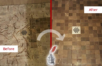 Before and After Picture of a Marble Shower Floor Cleaned and Sealed to Remove Acidic Stains