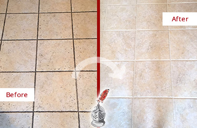 Before and After Picture of Tile Floor with Grimy Grout Recolored and Sealed for Extra Protection