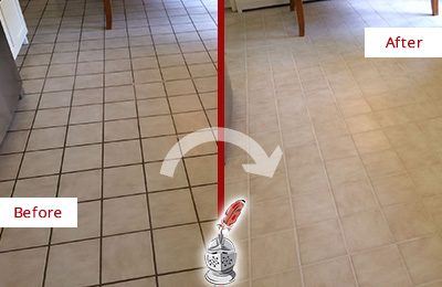 Before and After Picture of a Astor Kitchen Tile and Grout Cleaned to Remove Embedded Dirt