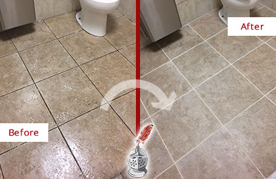 Sir Grout Cleans this Lanier Restroom Tile and Grout to Remove Soil Before and After Picture of a Lanier Restroom Tile and Grout Cleaned to Remove Soil