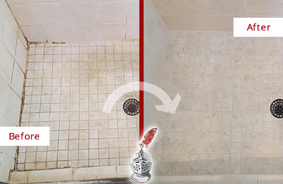 Before and After Picture of a The Villages Shower Caulked to Fix Cracks