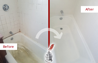 Before and After Picture of a Orange Bend Bathtub Caulked to Repair Cracks
