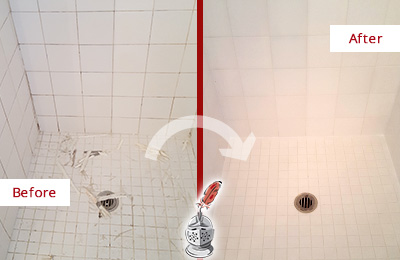Before and After Picture of a Astor Bathroom Re-Caulked To Repair Damaged Caulking