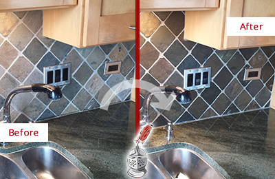 Before and After Picture of a Astatula Backsplash Caulked to Fix and Prevent Water Leaks