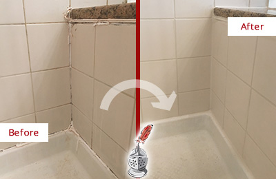 Before and After Picture of a Umatilla Shower Caulked to Repair Damaged Caulking