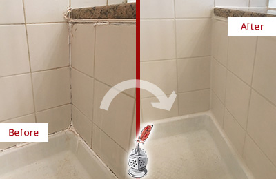 Sir Grout Caulks this Leesburg Shower Caulked to Repair Damaged Caulking Before and After Picture of a Leesburg Shower Caulked to Repair Damaged Caulking