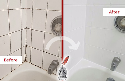Before and After Picture of a Orange Bend Tub Caulked to Remove and Avoid Mold