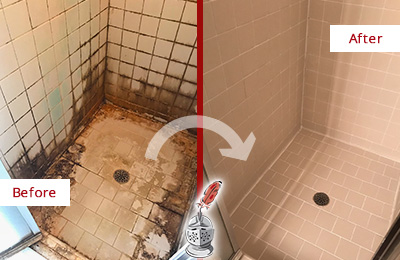 Before and After Picture of a Four Corners Shower Caulked to Fix and Prevent Water Damage