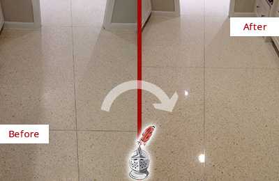 Sir Grout Polishes this Sanford Granite Stone Floor to Repair Dullness Before and After Picture of a Sanford Granite Stone Floor Polished to Repair Dullness