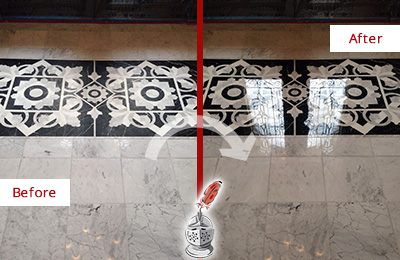 Before and After Picture of a Howey-in-the-Hills Marble Stone Floor Polished to a Mirror Shine
