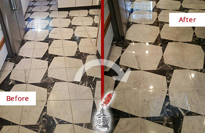 Before and After Picture of a Dull Mascotte Marble Stone Floor Polished To Recover Its Luster