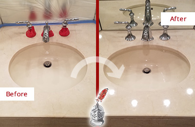 Sir Grout Polishes this Dull Sanford Marble Stone Vanity Top to Bring-Back Its Sheen Before and After Picture of a Dull Sanford Marble Stone Vanity Top Polished to Bring-Back Its Sheen