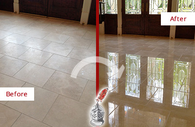 Before and After Picture of a Dull Gram Island Travertine Stone Floor Polished to Recover Its Gloss