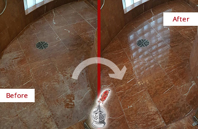 Before and After Picture of a Pittman Marble Stone Shower Polished to Eliminate Mineral Deposits