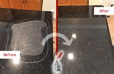 Before and After Picture of a Astor Granite Stone Countertop Polished to Remove Scratches