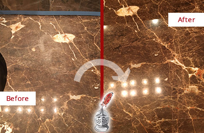 Before and After Picture of a Lisbon Marble Stone Countertop Polished to Eliminate Stains