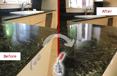 Before and After Picture of a Minneola Marble Stone Counter Polished to Eliminate Water Marks