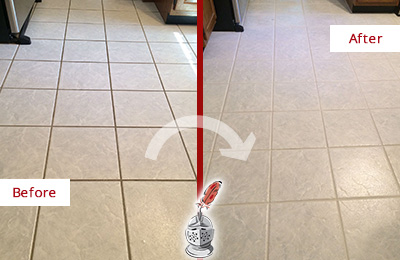 Before and After Picture of a Mount Dora Kitchen Ceramic Floor Sealed to Protect From Dirt and Spills