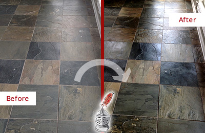 Sir Grout Seals this Dull Altoona Slate Floor to Bring Back Its Colors Before and After Picture of a Dull Altoona Slate Floor Sealed to Bring Back Its Colors